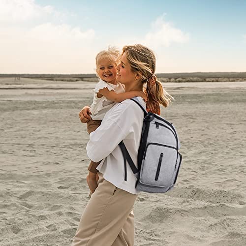 Diaper Bag Backpack, Large Travel Multifunction Waterproof Baby Nappy Changing Bag for Dad Mom with Insulated Pockets, Changing Pad, Storller Straps, Mancro Maternity Baby Bag for Boys Girls, Grey