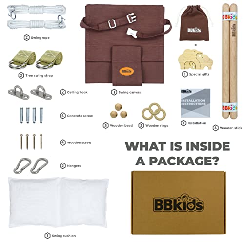 BBkids Indoor Baby Swing, Canvas Baby Swing, Wooden Hammock Hanging Swing Seat Chair with Safety Belt, Outdoor Kids Toddler Baby Tree Swing, Full Set of Ceiling Screws. (Dark Brown)
