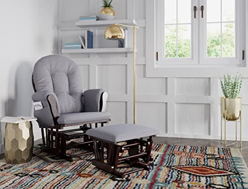 Storkcraft Premium Hoop Glider and Ottoman (Espresso Base, Gray Swirl Cushion)  Padded Cushions with Storage Pocket, Smooth Rocking Motion, Easy to Assemble, Solid Hardwood Base