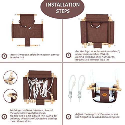 BBkids Indoor Baby Swing, Canvas Baby Swing, Wooden Hammock Hanging Swing Seat Chair with Safety Belt, Outdoor Kids Toddler Baby Tree Swing, Full Set of Ceiling Screws. (Dark Brown)
