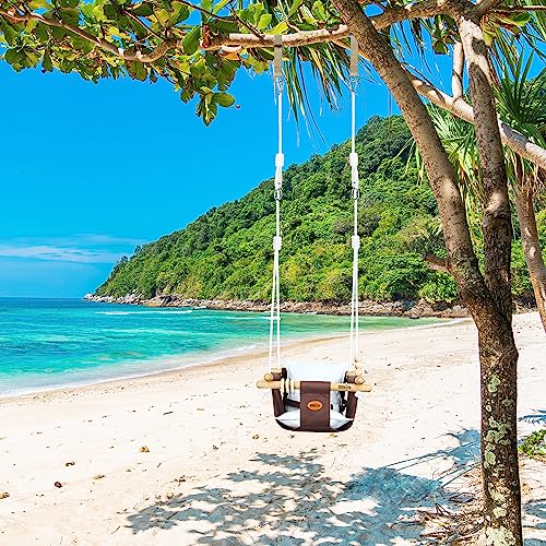 BBkids Indoor Baby Swing, Canvas Baby Swing, Wooden Hammock Hanging Swing Seat Chair with Safety Belt, Outdoor Kids Toddler Baby Tree Swing, Full Set of Ceiling Screws. (Dark Brown)