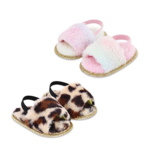 Yinbwol Infant Baby Girls Sandals Elastic Back Strap Flats Slippers Soft Toddles Princess Shoes Faux Fur Slides Shoes First Walker House Shoes (Colorful+Leopard, 3_Months)