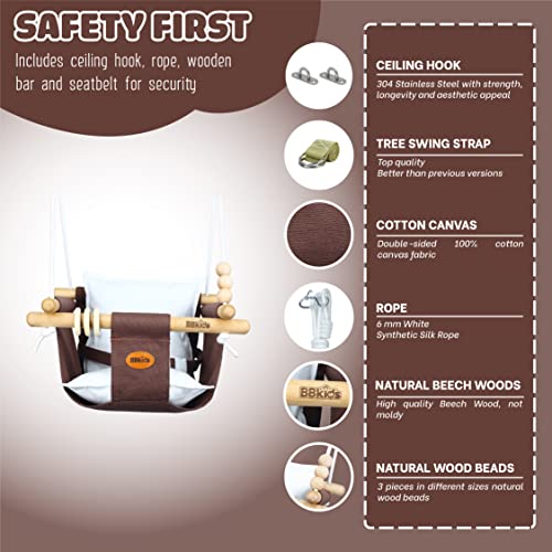 BBkids Indoor Baby Swing, Canvas Baby Swing, Wooden Hammock Hanging Swing Seat Chair with Safety Belt, Outdoor Kids Toddler Baby Tree Swing, Full Set of Ceiling Screws. (Dark Brown)