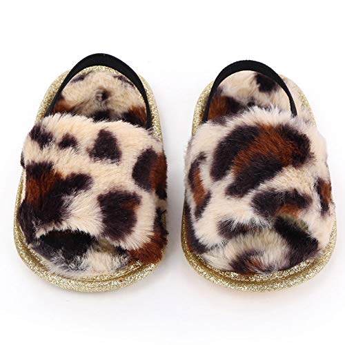 Yinbwol Infant Baby Girls Sandals Elastic Back Strap Flats Slippers Soft Toddles Princess Shoes Faux Fur Slides Shoes First Walker House Shoes (Colorful+Leopard, 3_Months)