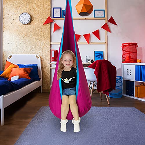 C-CHAIN Swing Pod Chair for Kids 100% Cotton Hammock Chair with Durable Air Cushion, Child Swing Seat Nest with Adjustable Rope, All Accessories Included (Rose)