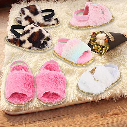 Yinbwol Infant Baby Girls Sandals Elastic Back Strap Flats Slippers Soft Toddles Princess Shoes Faux Fur Slides Shoes First Walker House Shoes (Colorful+Leopard, 3_Months)