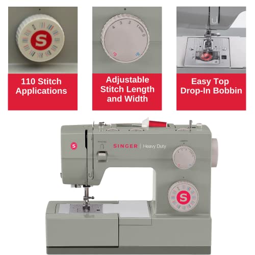 SINGER | Heavy Duty 4452 Sewing Machine with 110 Stitch Applications, Metal Frame, Built-In Needle Threader, & Heavy Duty Accessory Kit - Sewing Made Easy