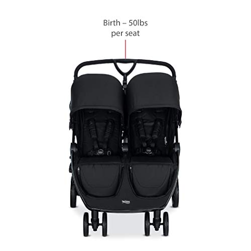 Britax B-Lively Double Stroller | Adjustable Handlebar + Easy Fold + Infinite Recline + Front Access Storage, Raven