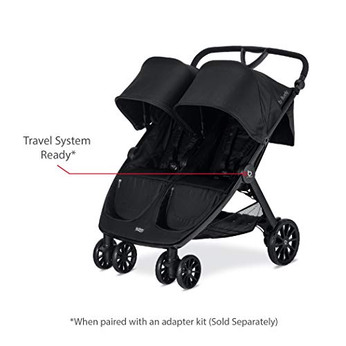 Britax B-Lively Double Stroller | Adjustable Handlebar + Easy Fold + Infinite Recline + Front Access Storage, Raven