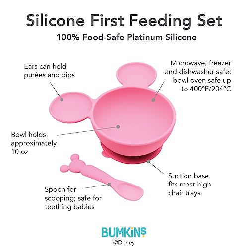 Bumkins Disney Minnie Mouse Suction Silicone Baby Feeding Set, Bowl, Lid, Spoon, BPA-Free, First Feeding, Baby Led Weaning