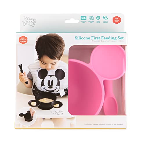 Bumkins Disney Minnie Mouse Suction Silicone Baby Feeding Set, Bowl, Lid, Spoon, BPA-Free, First Feeding, Baby Led Weaning