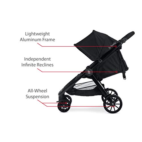 Britax B-Lively Double Stroller | Adjustable Handlebar + Easy Fold + Infinite Recline + Front Access Storage, Raven