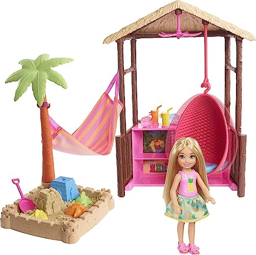 Barbie Chelsea Doll and Tiki Hut Playset with 6-inch Blonde Doll, Hut with Swing, Hammock, Moldable Sand, 4 Molds and 4 Storytelling Pieces, Gift for 3 to 7 Year Olds