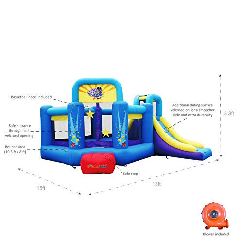 Bounceland Pop Star Inflatable Bounce House Bouncer, Large Bouncing Area with Long Slide, Climbing Wall, Basketball Hoop, UL 1HP Blower Included, 15 ft x 13 ft x 8.3 ft H, Pop Star Kids Party Theme