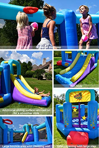 Bounceland Pop Star Inflatable Bounce House Bouncer, Large Bouncing Area with Long Slide, Climbing Wall, Basketball Hoop, UL 1HP Blower Included, 15 ft x 13 ft x 8.3 ft H, Pop Star Kids Party Theme