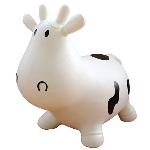 AppleRound White Cow Bouncer with Hand Pump, Inflatable Space Hopper, Ride-on Bouncy Animal