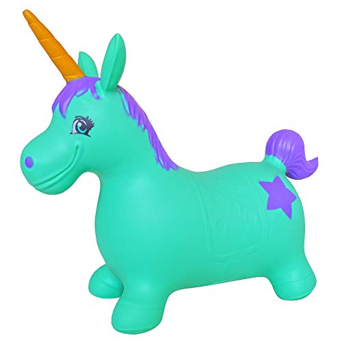 AppleRound Unicorn Bouncer with Hand Pump, Inflatable Space Hopper, Ride-on Bouncy Animal (Turquoise)