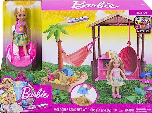 Barbie Chelsea Doll and Tiki Hut Playset with 6-inch Blonde Doll, Hut with Swing, Hammock, Moldable Sand, 4 Molds and 4 Storytelling Pieces, Gift for 3 to 7 Year Olds