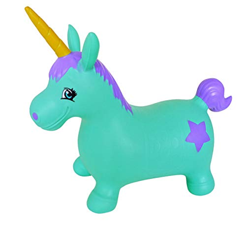 AppleRound Unicorn Bouncer with Hand Pump, Inflatable Space Hopper, Ride-on Bouncy Animal (Turquoise)