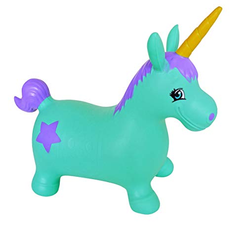 AppleRound Unicorn Bouncer with Hand Pump, Inflatable Space Hopper, Ride-on Bouncy Animal (Turquoise)