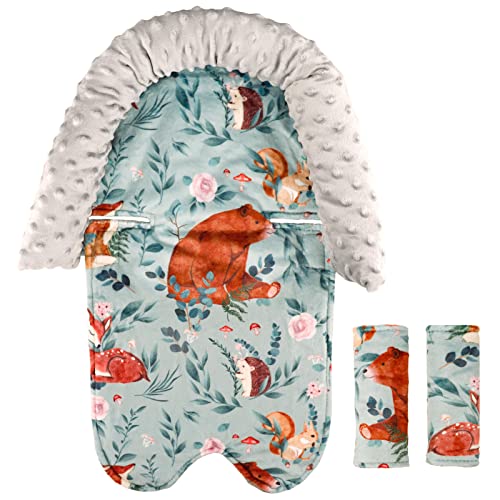Baby Car Seat Head Support and Strap Covers, Soft Infant Car Seat Insert Cushion for Boys & Girls, Newborn Headrest Pillow Fits for Car Seats, Strollers, Bouncers, Swing, Woodland Animals