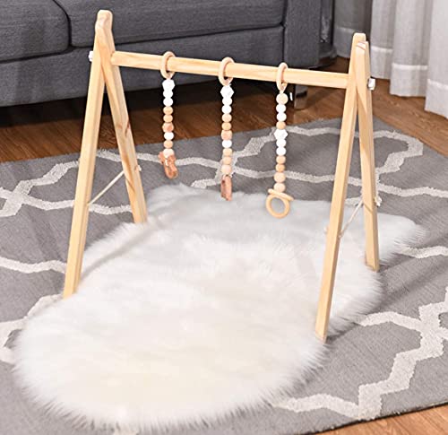 BABY JOY Portable Wooden Baby Gym, Foldable Baby Play Gym Frame with 3 Wooden Baby Teething Toys, Baby Exercise Activity Gym Hanging Bar Newborn Baby Gift (Natural)
