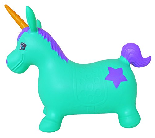AppleRound Unicorn Bouncer with Hand Pump, Inflatable Space Hopper, Ride-on Bouncy Animal (Turquoise)