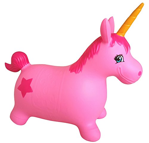 AppleRound Unicorn Bouncer with Hand Pump, Inflatable Space Hopper, Ride-on Bouncy Animal (Pink)