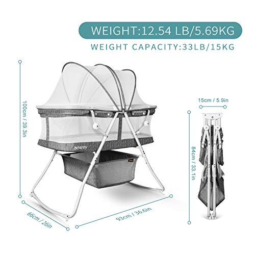 besrey Baby Bassinet Rocking Bed 2 in 1 Portable with Harmless Mattress Quick Fold for Newborn Girl Boy Infant up to 33 lb