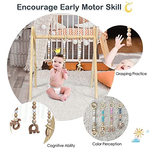 BABY JOY Portable Wooden Baby Gym, Foldable Baby Play Gym Frame with 3 Wooden Baby Teething Toys, Baby Exercise Activity Gym Hanging Bar Newborn Baby Gift (Natural)