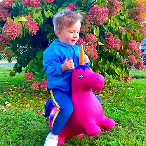 AppleRound Unicorn Bouncer with Hand Pump, Inflatable Space Hopper, Ride-on Bouncy Animal (Purple)