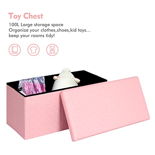 B FSOBEIIALEO Folding Storage Ottoman, Faux Leather Footrest Stool Long Bench, Pink 30"x15"x15"