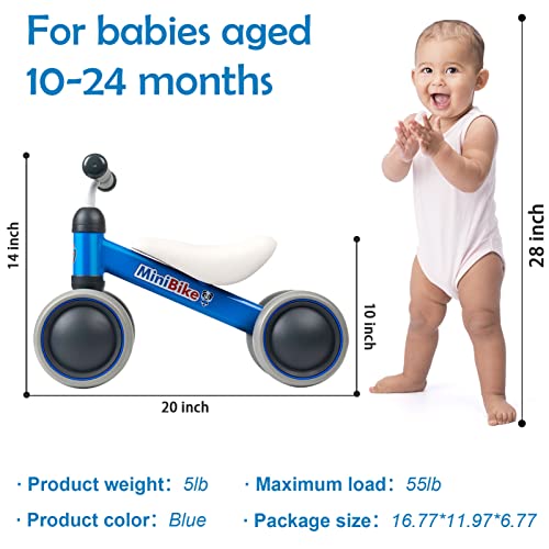 Baby Balance Bikes 10-24 Month Children Walker | Toys for 1 Year Old Boys Girls | No Pedal Infant 4 Wheels Toddler Bicycle | Best First Birthday New Year Holiday Blue