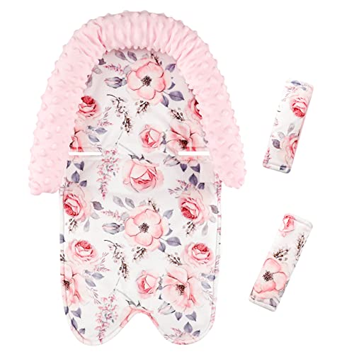 Baby Head Support and Strap Cover for Car Seat, Minky Infant Carseat Headrest for Girls, Newborn Car Seat Insert Cushion for Strollers, Bouncers, Swing, Pink Floral