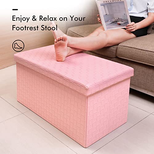 B FSOBEIIALEO Folding Storage Ottoman, Faux Leather Footrest Stool Long Bench, Pink 30"x15"x15"