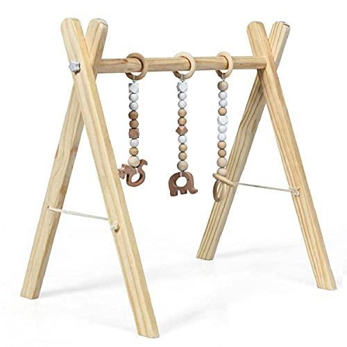 BABY JOY Portable Wooden Baby Gym, Foldable Baby Play Gym Frame with 3 Wooden Baby Teething Toys, Baby Exercise Activity Gym Hanging Bar Newborn Baby Gift (Natural)