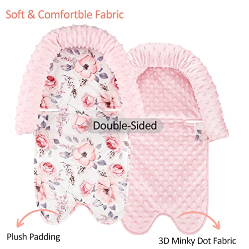 Baby Head Support and Strap Cover for Car Seat, Minky Infant Carseat Headrest for Girls, Newborn Car Seat Insert Cushion for Strollers, Bouncers, Swing, Pink Floral