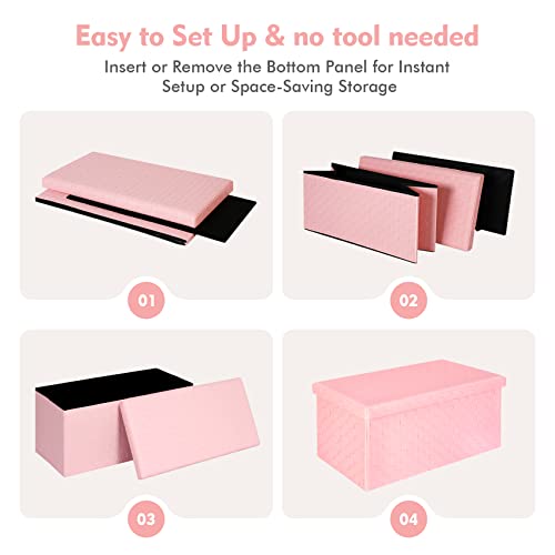 B FSOBEIIALEO Folding Storage Ottoman, Faux Leather Footrest Stool Long Bench, Pink 30"x15"x15"