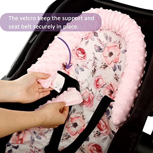 Baby Head Support and Strap Cover for Car Seat, Minky Infant Carseat Headrest for Girls, Newborn Car Seat Insert Cushion for Strollers, Bouncers, Swing, Pink Floral