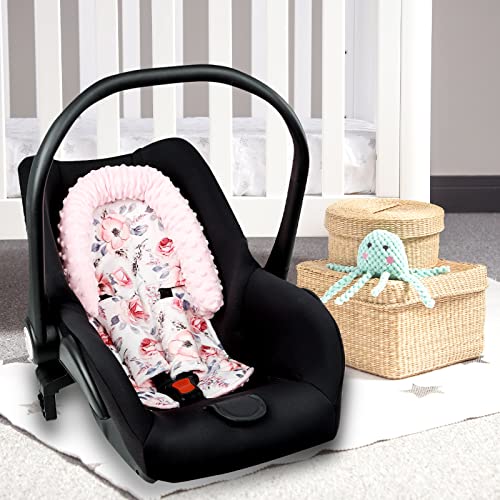 Baby Head Support and Strap Cover for Car Seat, Minky Infant Carseat Headrest for Girls, Newborn Car Seat Insert Cushion for Strollers, Bouncers, Swing, Pink Floral