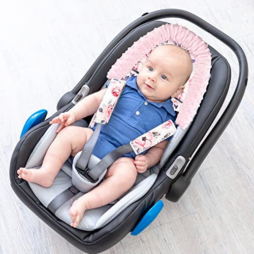 Baby Head Support and Strap Cover for Car Seat, Minky Infant Carseat Headrest for Girls, Newborn Car Seat Insert Cushion for Strollers, Bouncers, Swing, Pink Floral