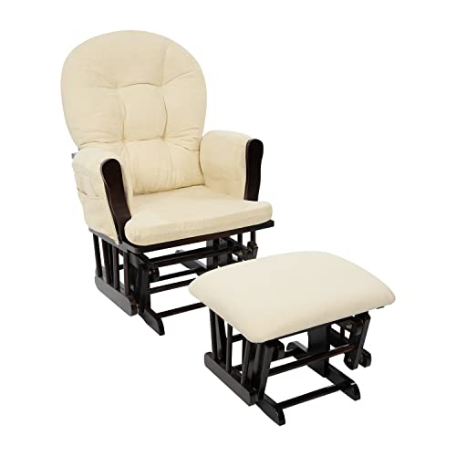 Nursery Glider & Ottoman Sets, Reclining Swivel Glider Rocker with Ottoman, Nursery Rocking Chair for Baby Room, Upholstered Nursery Recliner Glider with Ottoman, Padded Arms - Espresso, Cream