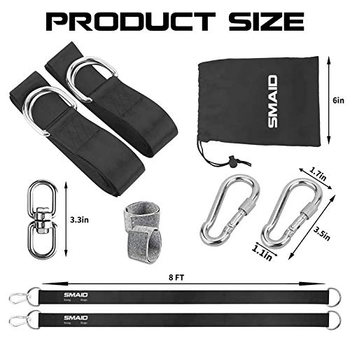 Smaid Tree Swing Hanging Straps Kit Holds 3000 lbs 8ft Extra Long,2 Tree Swing Straps+2 Heavy Duty Screw Lock Carabiners+2 Tree Protectors+Swivel Fits Fast & Easy Way to Hang Any Swing or Hammock