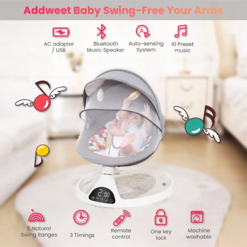 Addweet Baby Swings for Infants, Portable Bluetooth Enabled Baby Rocker with 5 Natural Swing Ranges & 10 Preset Sleep Music, Auto-Sensing Start-Stop System, Remote Control Newborn Swing (Grey)
