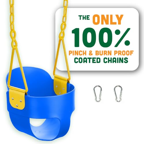 Squirrel Products High Back Full Bucket Toddler Swing with Exclusive Chain & Triangle Dip Pinch Protection and Carabiners for Easy Install - Blue