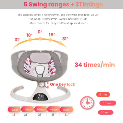 Addweet Baby Swings for Infants, Portable Bluetooth Enabled Baby Rocker with 5 Natural Swing Ranges & 10 Preset Sleep Music, Auto-Sensing Start-Stop System, Remote Control Newborn Swing (Grey)