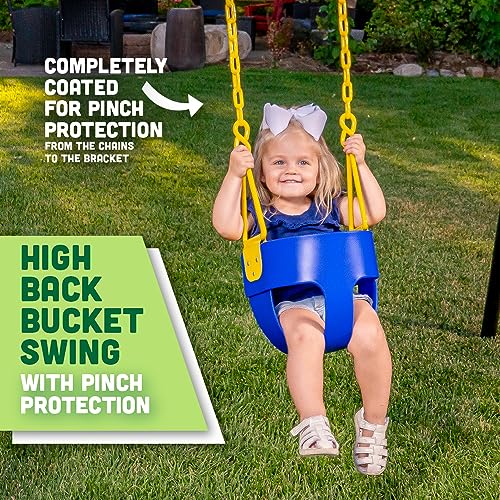 Squirrel Products High Back Full Bucket Toddler Swing with Exclusive Chain & Triangle Dip Pinch Protection and Carabiners for Easy Install - Blue