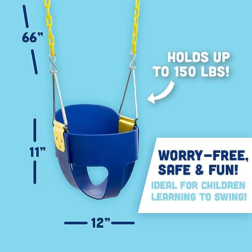 Squirrel Products High Back Full Bucket Toddler Swing Seat with Plastic Coated Chains and Carabiners for Easy Install - Blue
