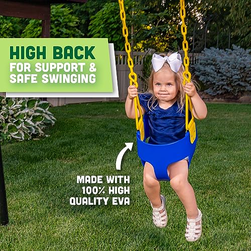 Squirrel Products High Back Full Bucket Toddler Swing with Exclusive Chain & Triangle Dip Pinch Protection and Carabiners for Easy Install - Blue