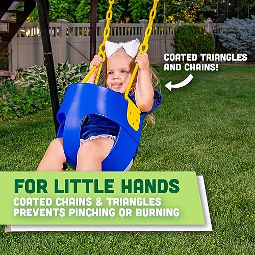 Squirrel Products High Back Full Bucket Toddler Swing with Exclusive Chain & Triangle Dip Pinch Protection and Carabiners for Easy Install - Blue